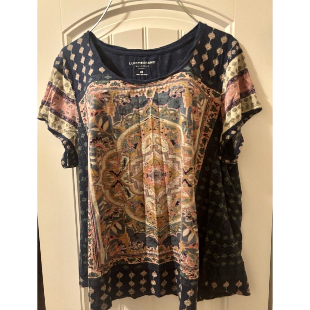 Lucky Brand 2X  Boho Paisley  Mixed Print  Shhort Sleeve Tee Top Bohemian Plus
